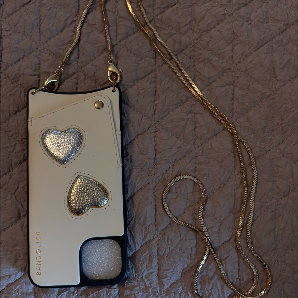 Bandolier Cream Phone Case with Gold Chain and Silver Hearts